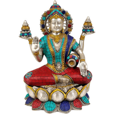 Handmade 12" Devi Lakshmi Brass Statue – Inlay Detailing, Goddess of Fortune, Premium Indian Spiritual Accent for Altar, Entryway & Gifting