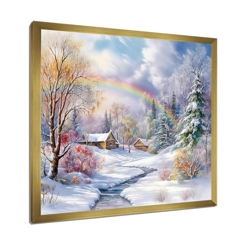 «Rainbow Winter Scenery» sur toile, H 30 po x l 30 po x P 1 po, Cadre doré simple