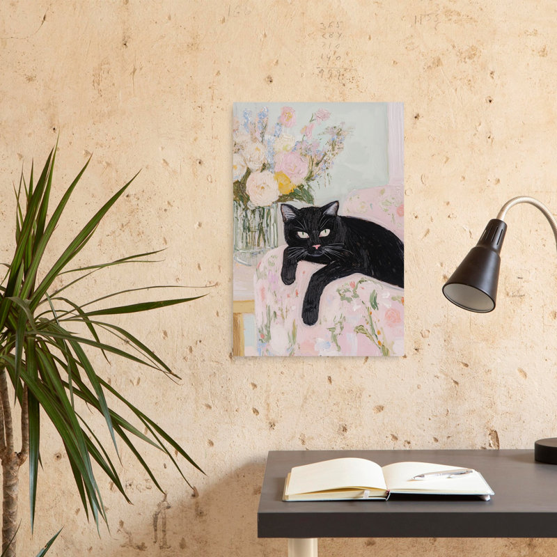 Chat noir, charme floral, élégant chat contemporain, art mural, 24" H x 16" W