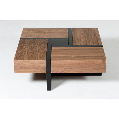 Table basse 39 po, 4 tiroirs, conception de casse-tête, brun, finition noire