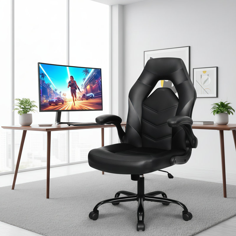 Black PU Leather Ergonomic Chair With Lumbar Support, Flip-Up Armrests, Height Adjustable, And Casters; Suitable For Home, Office, And Gaming Use.
