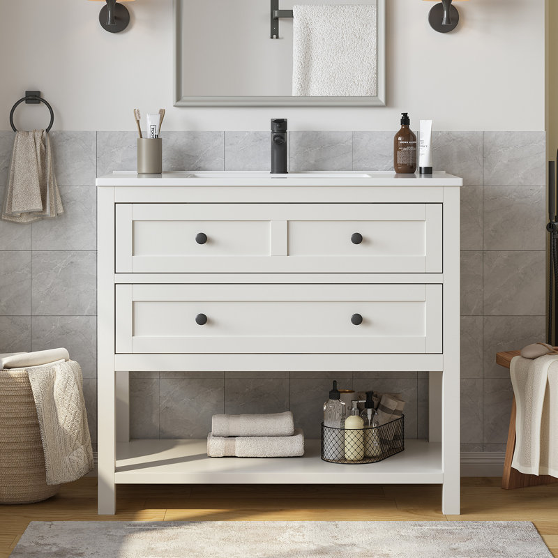 Allensville 36" Freestanding Single Bathroom Vanity with Solid Surface Composite Top, 36", White