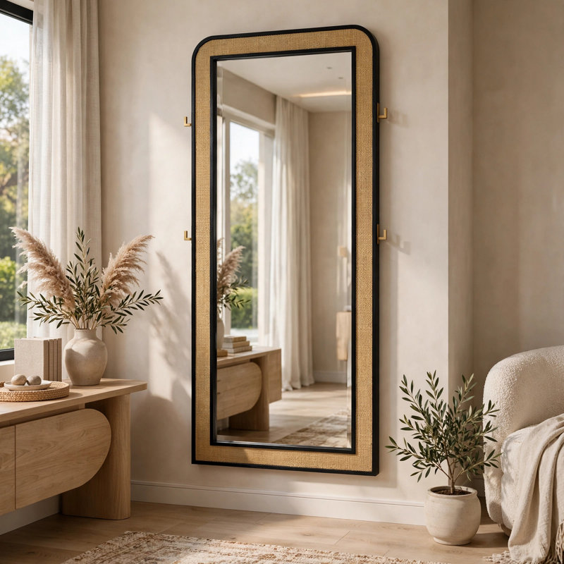Miroir sur pied Fij 76 po, rotin brun, bois noir