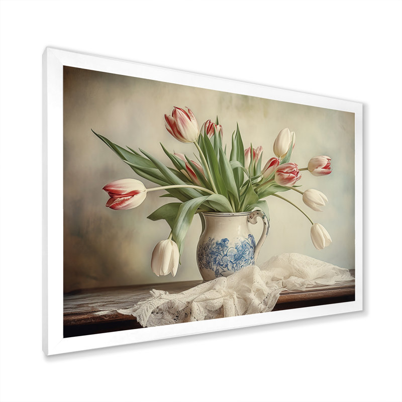 Tulipes, bouquet de natures mortes VI sur toile, Cadre simple blanc, H 34 po x l 44 po x P 1,5 po