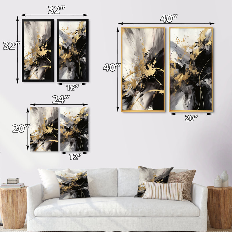 Or et gris fluides fusion II - ensemble d'art mural abstrait de 2 pièces, H 40 po x l 40 po, Toile tendue