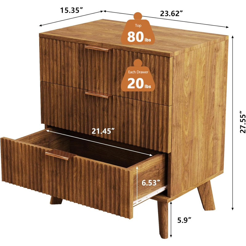 Table de chevet moderne Mid-Century avec 3 tiroirs, pieds en bois massif, finition noyer, table de chevet contemporaine pour chambre à coucher, salon, dortoir