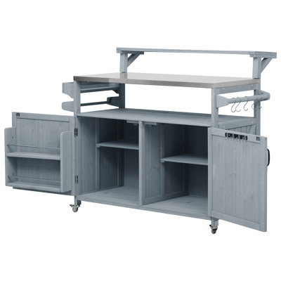 Hadley 53" Rustic Outdoor Kitchen Island With Raised Shelf And Stainless Steel Top