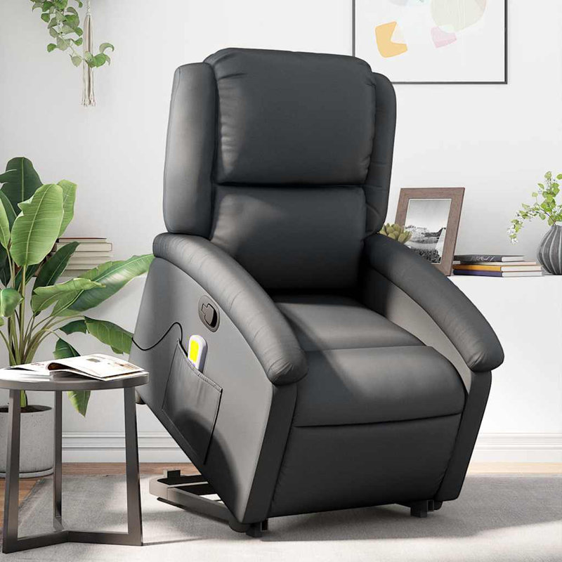 Recliner Chair, Adjustable Backrest/ Footrest, Real Leather, Black Genuine Leather, Power