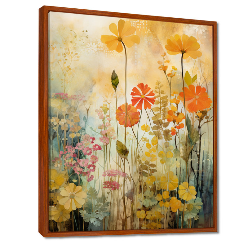 Décoration murale grunge rétro - fleurs sauvages, Toile avec cadre flottant brun, H 32 po x l 16 po x P 1 po