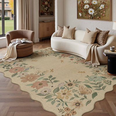Botanical Floral Faux Linen Machine Washable Area Rug With Non-Slip Backing And Scalloped Edge
