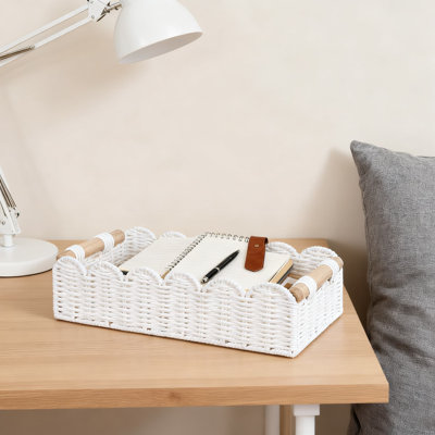 Woven Paper Rope Storage Basket With Scalloped Edge And Handles, Decorative Organizer For Bathroom, Living Room, Bedroom, And Shelves