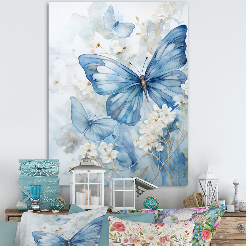 «Treshia Blue Butterfly Whispering Wings II», art mural papillon pour le salon, H 20 po x l 12 po x P 1 po, Toile tendue