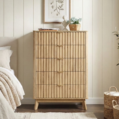  Fluted Fluted 5 Wood Dresser with Built‑In Anti‑Tip Stability System, 30.7" W Drawer Chest for Bedroom, Nursery or Hallway Storage Organizer