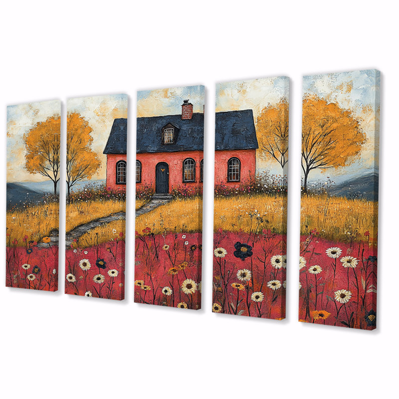 Paysage d'automne rouge - ensemble d'art mural de ferme, H 32 po x l 80 po