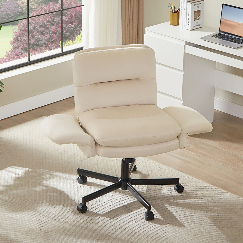 Fauteuil de bureau beige en velours à pieds croisés avec accoudoirs rabattables, fauteuil de bureau pivotant Criss Cross avec 2 poches latérales, meuble-lavabo moderne et fauteuil d'ordinateur avec roues