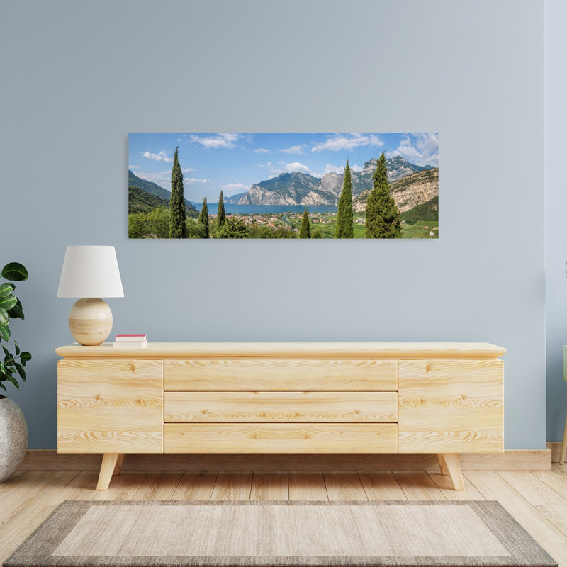 Lac de Garde, cyprès, vue, contemporain, cyprès, paysage, montagne, art mural, H 16 po x l 48 po