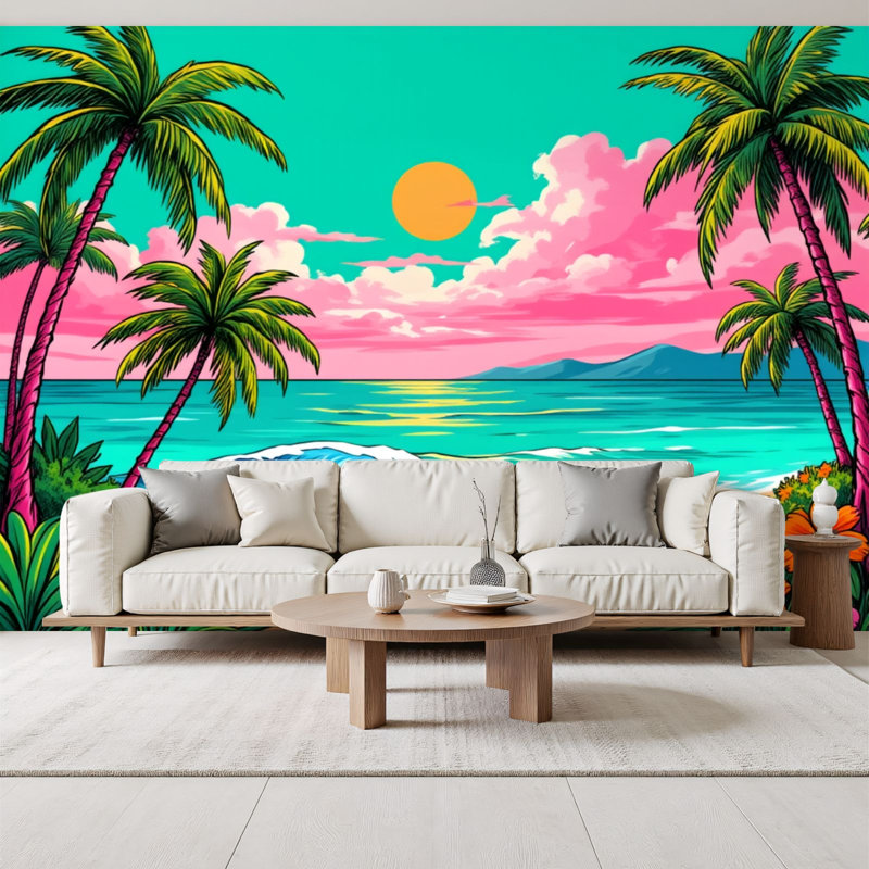 Papier peint auto-adhésif Vibrant Tropical Beach Palm Trees Sunset Ocean Waves Coastal Landscape, L 96 po x l 69 po