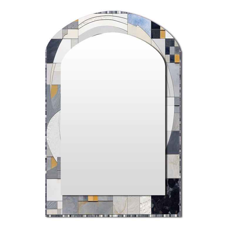 Gris et jaune mosaïque III - miroir décoratif asymétrique de formes abstraites, miroir mural arqué gris, impression d'art en métal