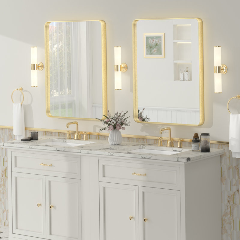 Miroir de salle de bain mural en verre trempé et métal Molly, 32 po x 24 po, Doré, Rectangle(Rounded Corner)