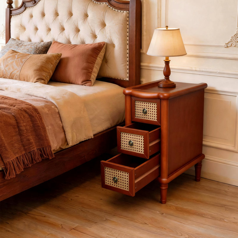 Solid Wood Rattan Narrow Side Table with 3 Drawers - Light Walnut