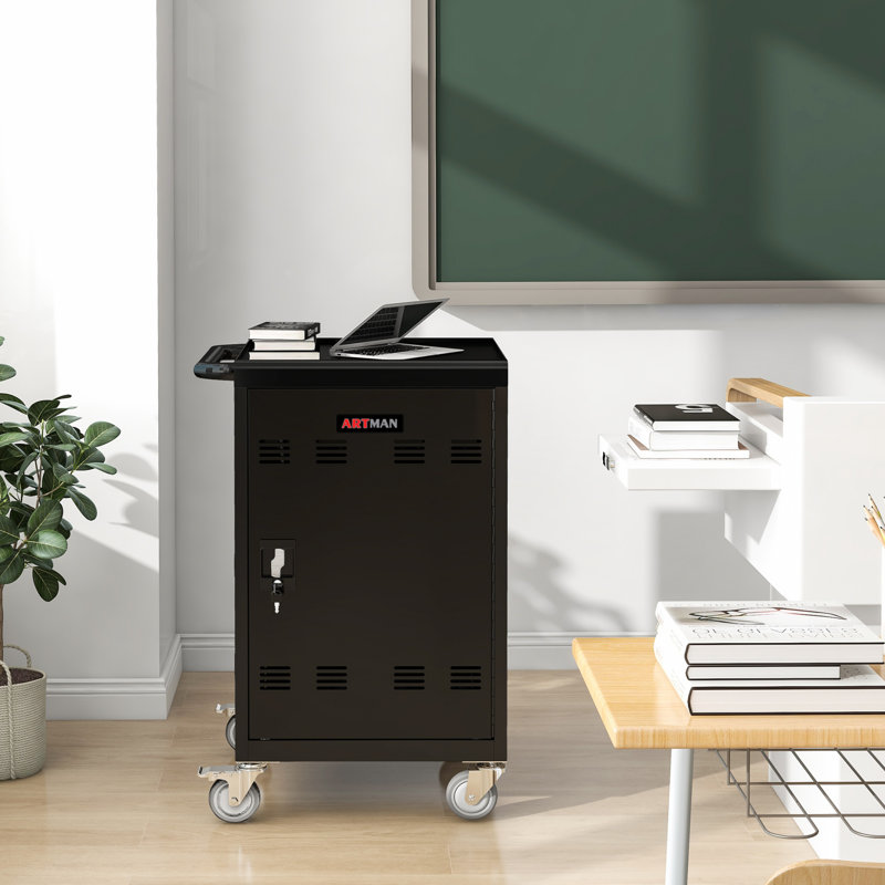 30+2Bay Mobile School Charging Cart Station For Chromebook, Tablet And Laptop Computer With Power Strip Included, Matt Black