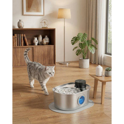 Battery-Operated Wireless Cat Water Fountain, Stainless Steel, Automatic Cordless Water Dispenser with Metal Faucet, Rechargeable, Includes 1 Filter