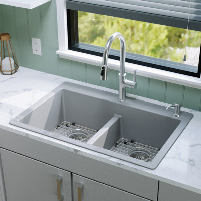 Karran Quartz 33'' X 22'' Double Bowl 50/50 Top Mount Drop-in Kitchen Sink Kit