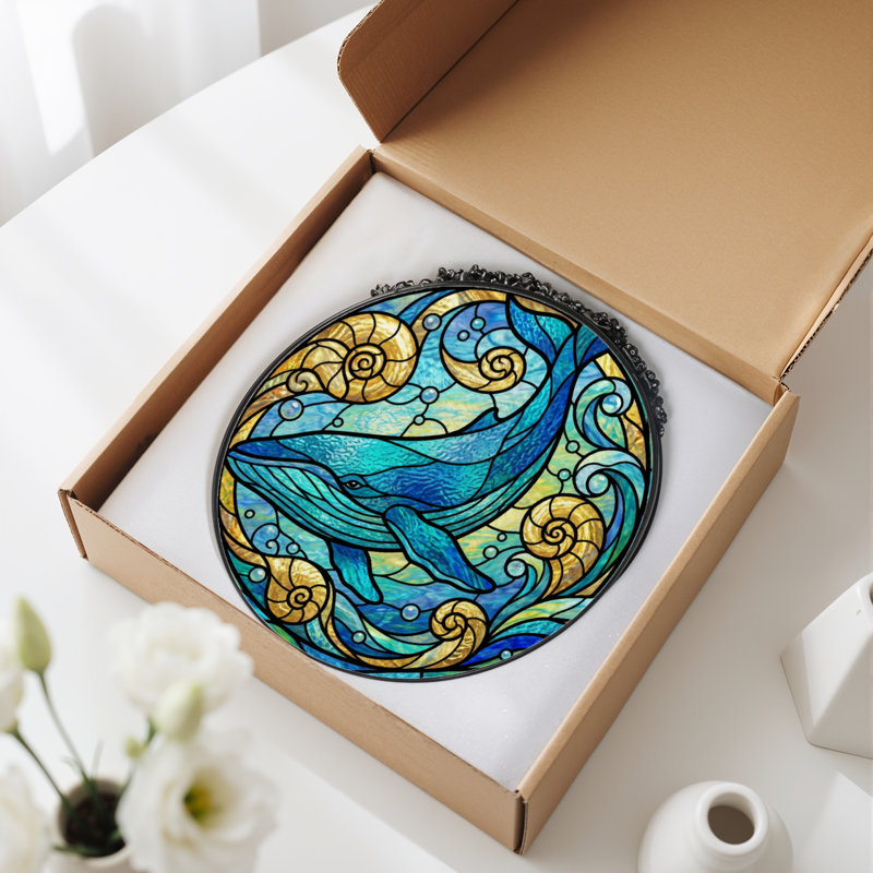 7.8"H Whale Sea Stained Glass Window Panel, 7.8" H x 7.8" W