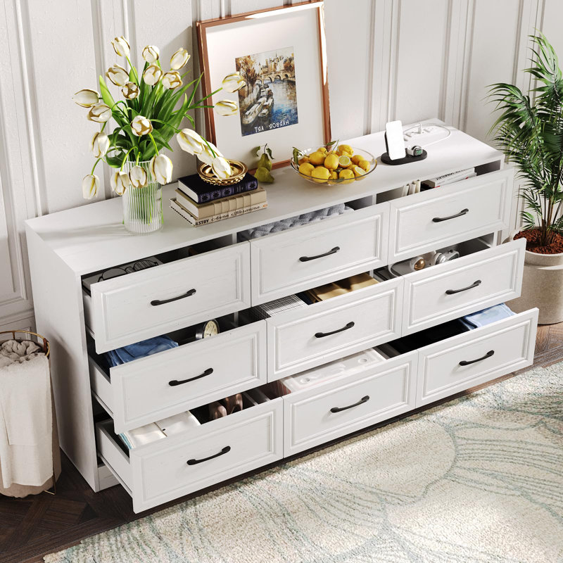 9 Drawer Wide Dresser For Bedroom, White