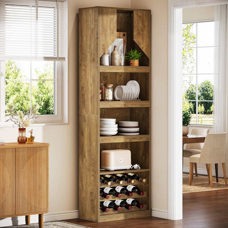 86.6" Tall Wine Bar Cabinet With Stripe Light And Open Shelves For Kitchen Dining Room