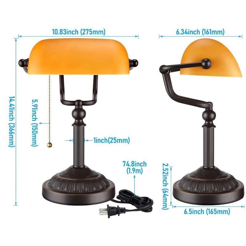 Lampe de bureau Bankers avec interrupteur à chaîne, lampes de bureau à abat-jour en verre ambré, base bronze, base E26, lampe de bibliothèque rétro pour bureau, salle d'étude