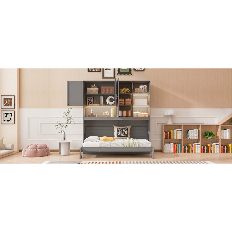Lit escamotable mural simple avec armoire supérieure, tablettes, lit pliable peu encombrant avec lumière et USB, Gris