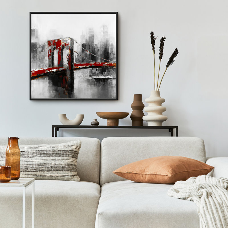 Abstract and Red Brooklyn Bridge - Framed Canvas Decor