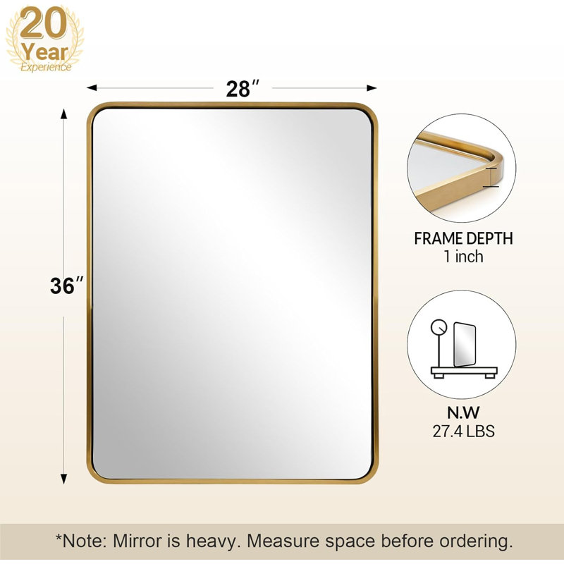 Miroir de salle de bain rectangulaire contemporain | Cadre épais en acier inoxydable, 36 po x 28 po, Or brossé