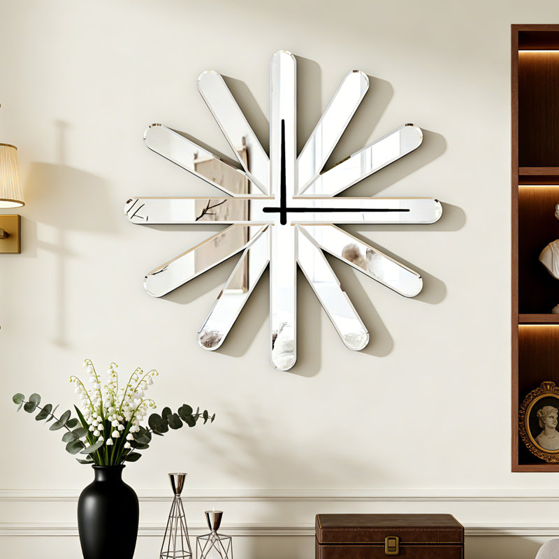 Glass Mirrored Wall Clock Starburst Silent Accent Clock