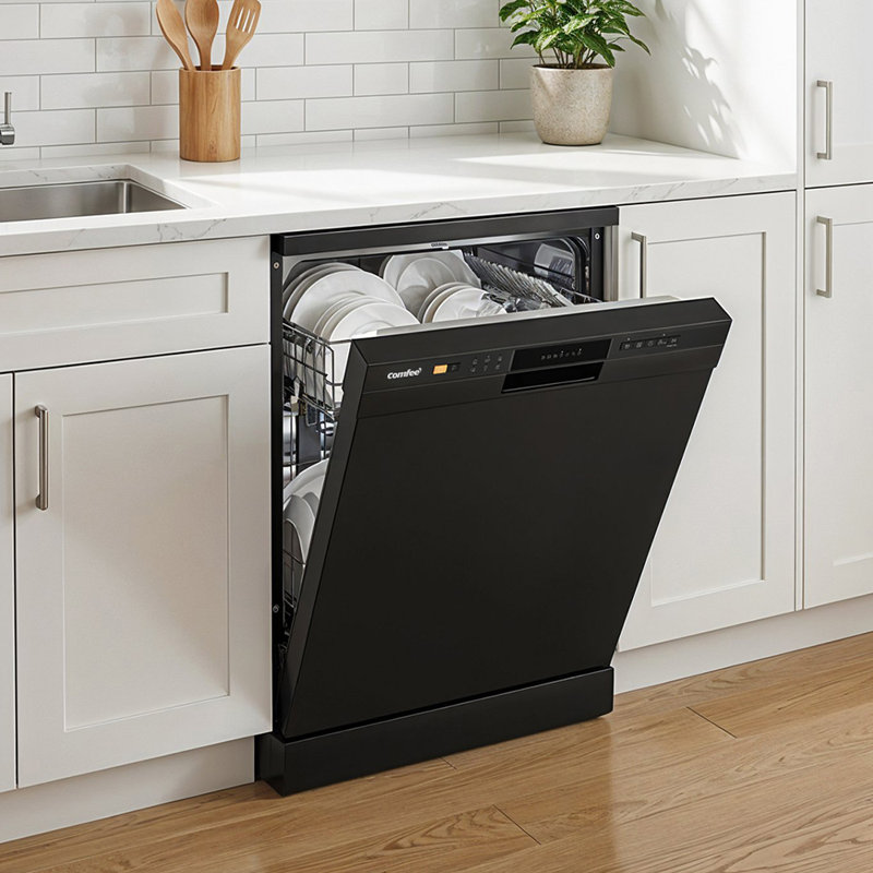 Black Freestanding Dishwasher with 12 Place Settings & 6 Washing Programs, Black