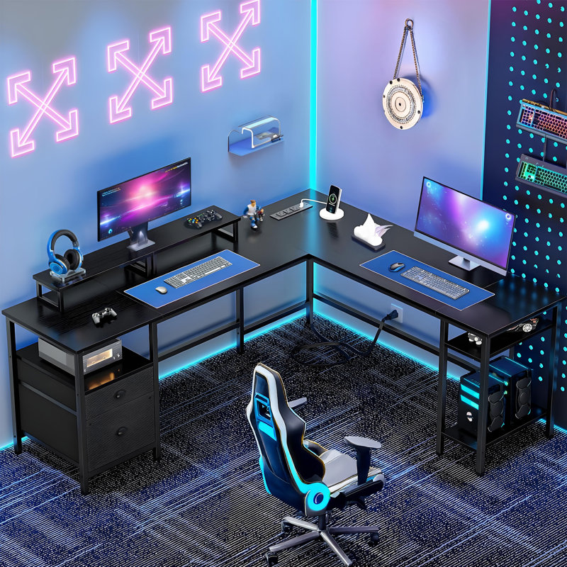 L-shaped Computer Desk With 2 Drawers & Storage Shelves, Home Office Desk With Built-in Outlets & Monitor Stand, Brown/Black