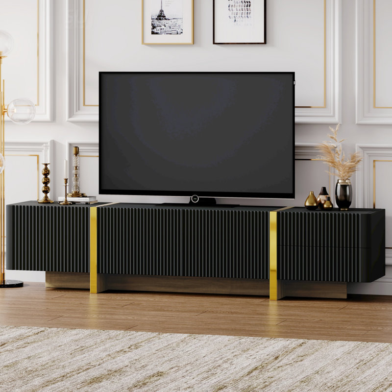 Luxury Fluted TV Stand For Tvs Up To 80 Inches, Modern Entertainment Center With Storage Cabinets & Drawers, Smooth Media Console With Golden Wood Grain Legs For Living Room