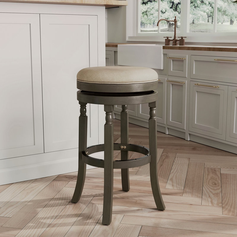 30" Bar Stool, Weathered Grey Finish, Beige Fabric Seat