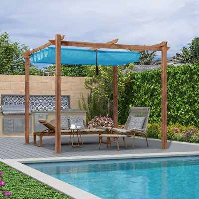 PURPLE LEAF 10' x 10' Outdoor Retractable Pergola with Sun Shade Canopy Metal Shelter for Patio Garden Pavilion Natural Wood Grain Frame Gazebo Modern Backyard Grill Pergola Blue