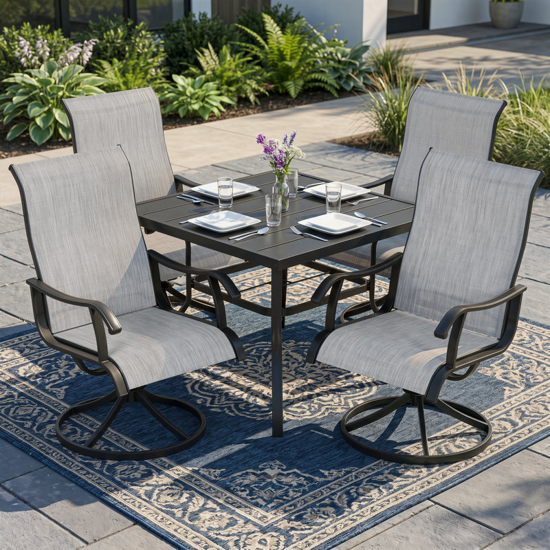 Ensemble de salle à manger de patio 5 pièces avec trou pour parasol et chaises pivotantes en textilène, Square