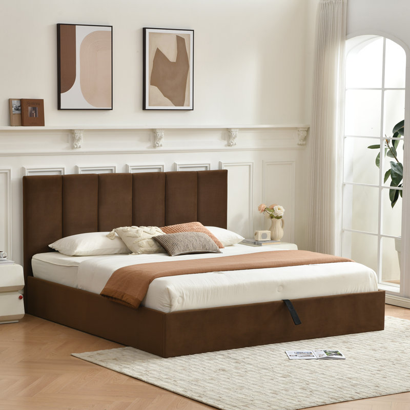 Juanetta Hydraulic Lift Up Storage Upholstered Platform Bed, King, Brown Velvet