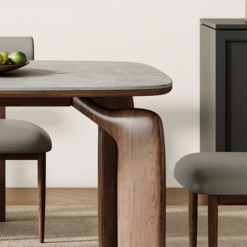 Gray + Nut-brown Rectangular Sintered Stone + Solid Wood Dining Table, 29.53" H x 55.12" L x 31.5" W