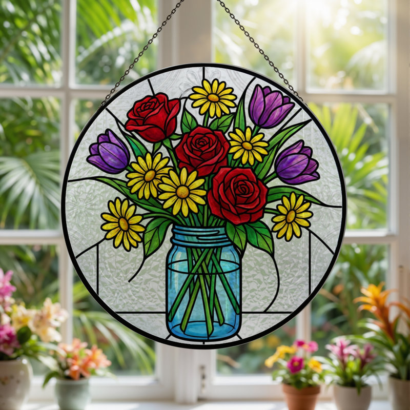 Vitrail d'arrangement floral H 7,8 po, H 7,8 po x l 7,8 po