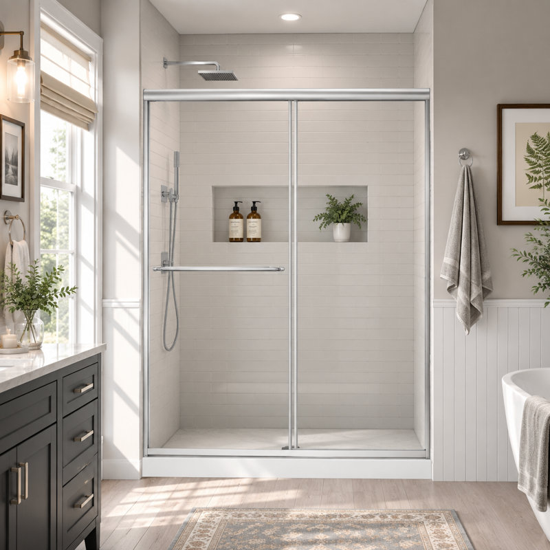 Wynnt 56-60"W x 70"H Double Sliding Framed Shower Door, 1/4"(6mm) SGCC Explosion-Proof Tempered Clear Glass, Chrome Aluminum Frame, Space Saving for Modern Minimalist Bathroom