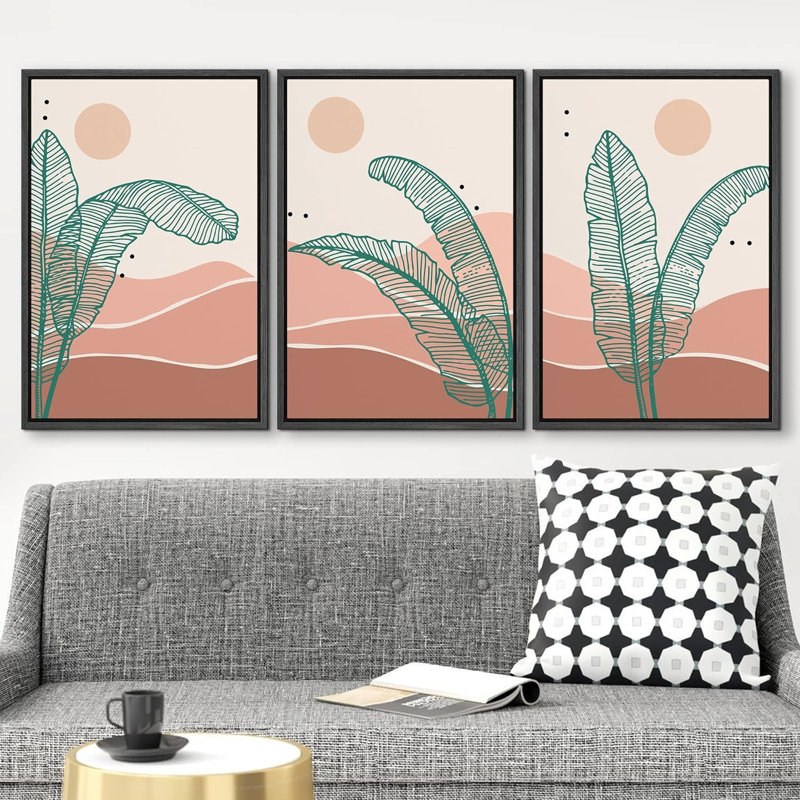 " Pastel Tropical Banana Leaf Desert Abstract Nature Modern Art Decor Panorama Pictures " 3 - Pieces, Noir