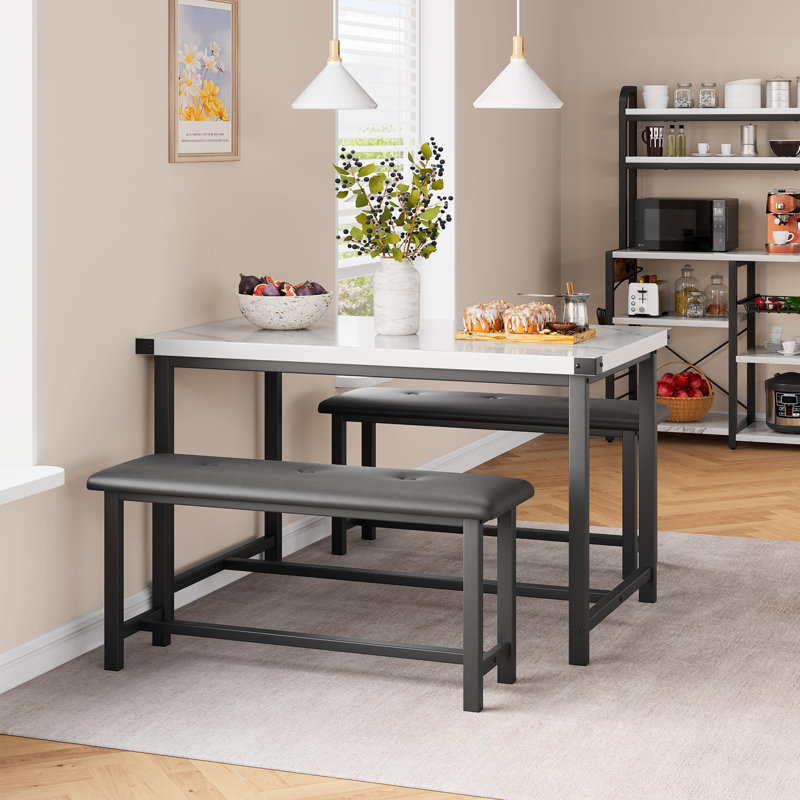 3-Piece Dining Table Set for 4 with 2 Upholstered Benches, Rectangular Wooden Table with Metal Frame, Space-Saving Kitchen & Dining Room Furniture for Small Apartments or Studios