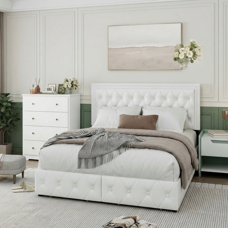 Ensemble de chambre à coucher 2 pièces, lit plateforme avec rangement, commode à 4 tiroirs et commode à 4 tiroirs, Blanc