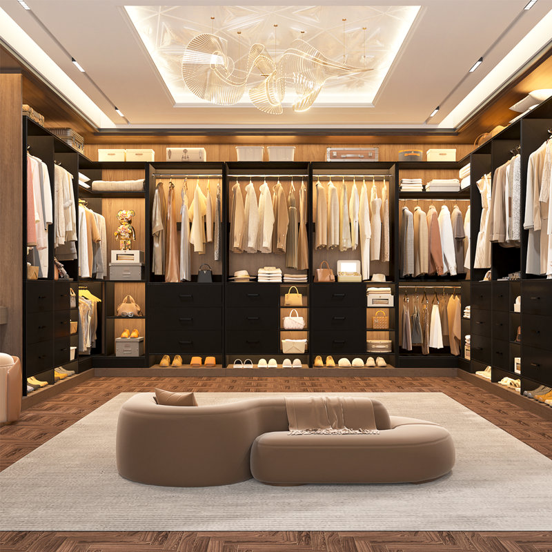 61'' - 92.6''  W Closet System with Wooden Drawers and Hanging Rods, Black