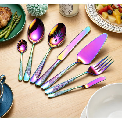 Ensemble de service 7 pièces en acier inoxydable martelé arc-en-ciel 18/10 avec couteau à gâteau et service